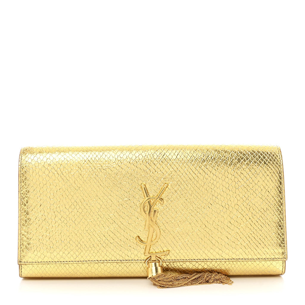 Metallic Calfskin Snakeskin Embossed Classic Monogram Tassel Clutch Gold