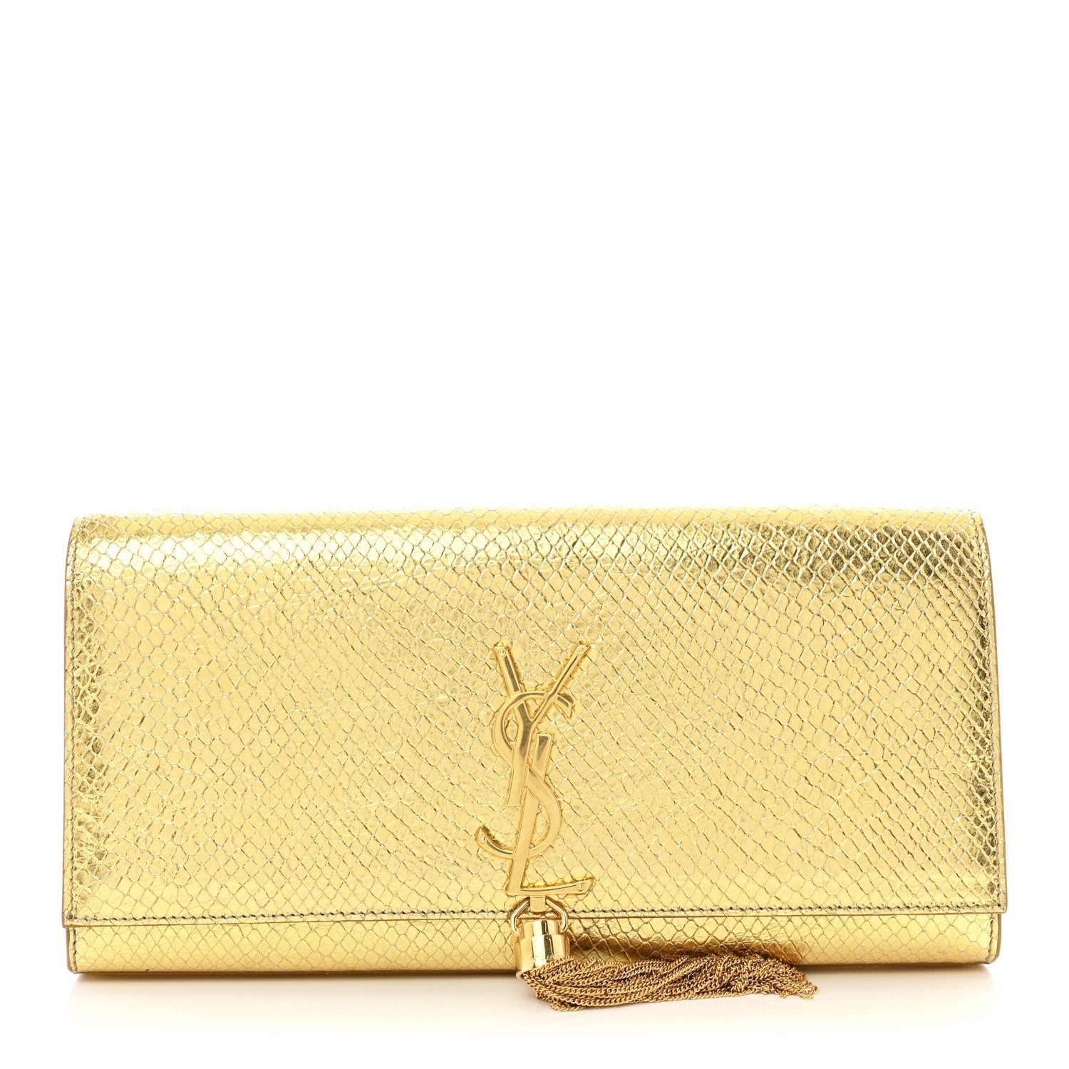 Metallic Calfskin Snakeskin Embossed Classic Monogram Tassel Clutch Gold