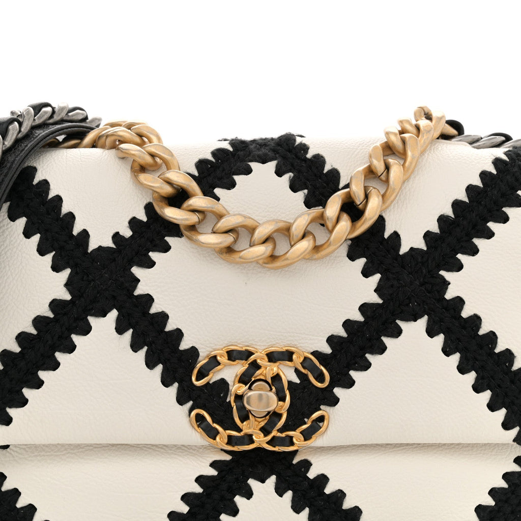 Calfskin Crochet Medium Chanel 19 Flap White Black