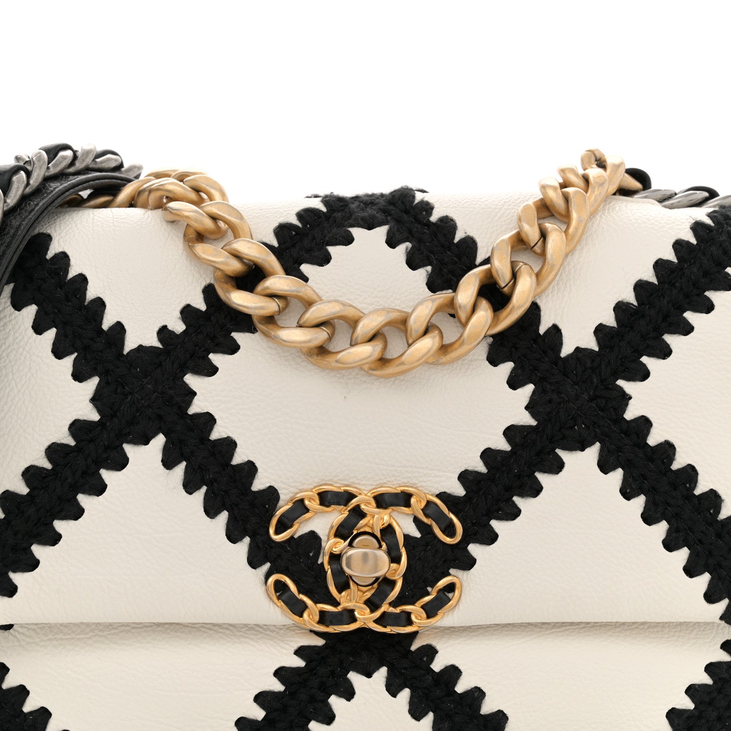 Calfskin Crochet Medium Chanel 19 Flap White Black