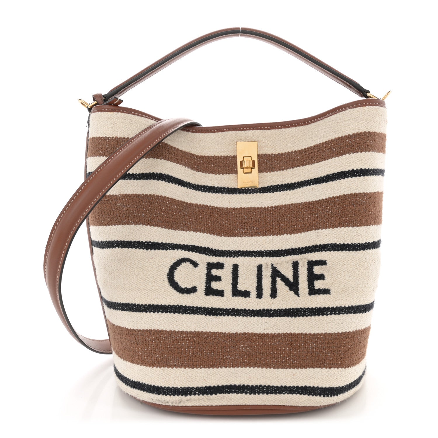 Canvas Smooth Calfskin Logo Bucket 16 Bag Brown Off White Tan