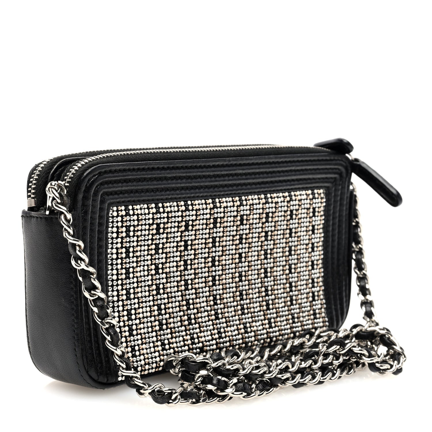 Calfskin Crystal Studded Small Boy Clutch With Chain Black