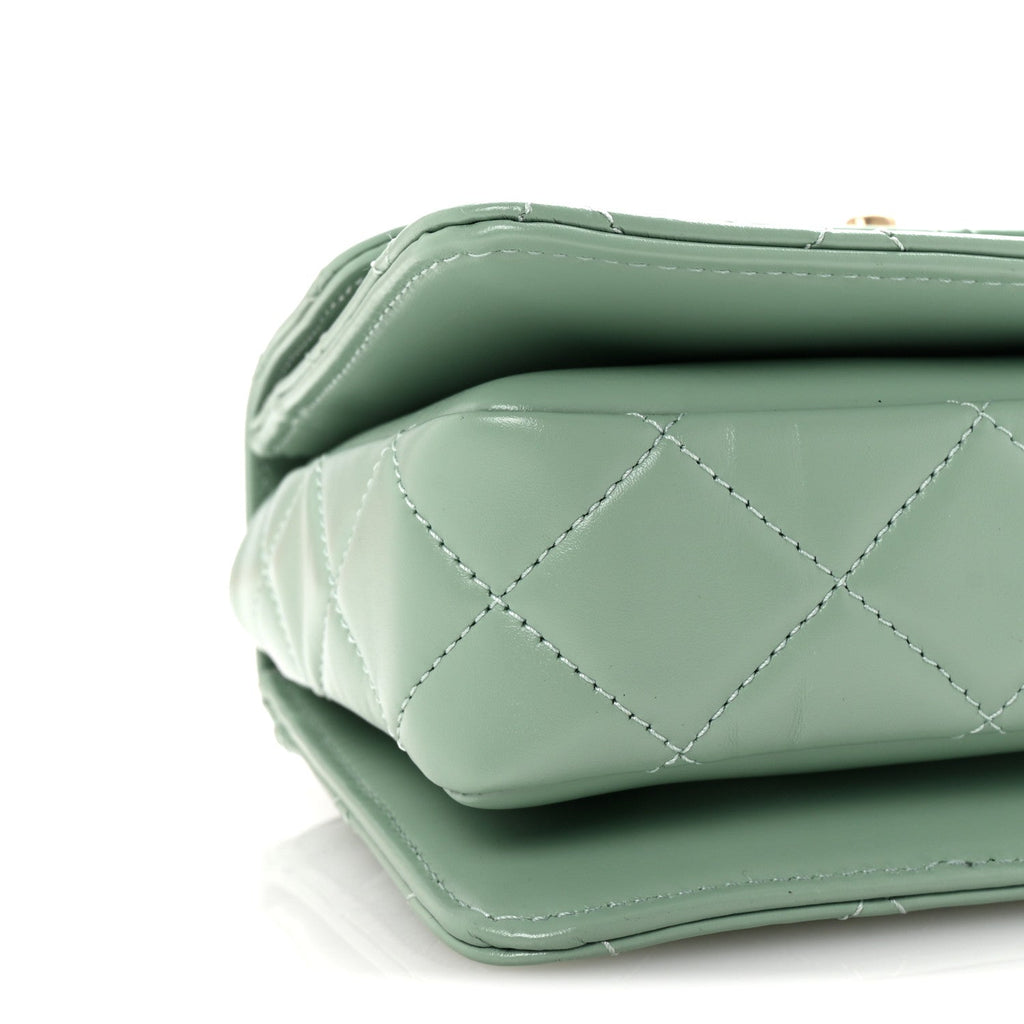 Shiny Calfskin Quilted Mini Metal Top Handle Flap Light Green