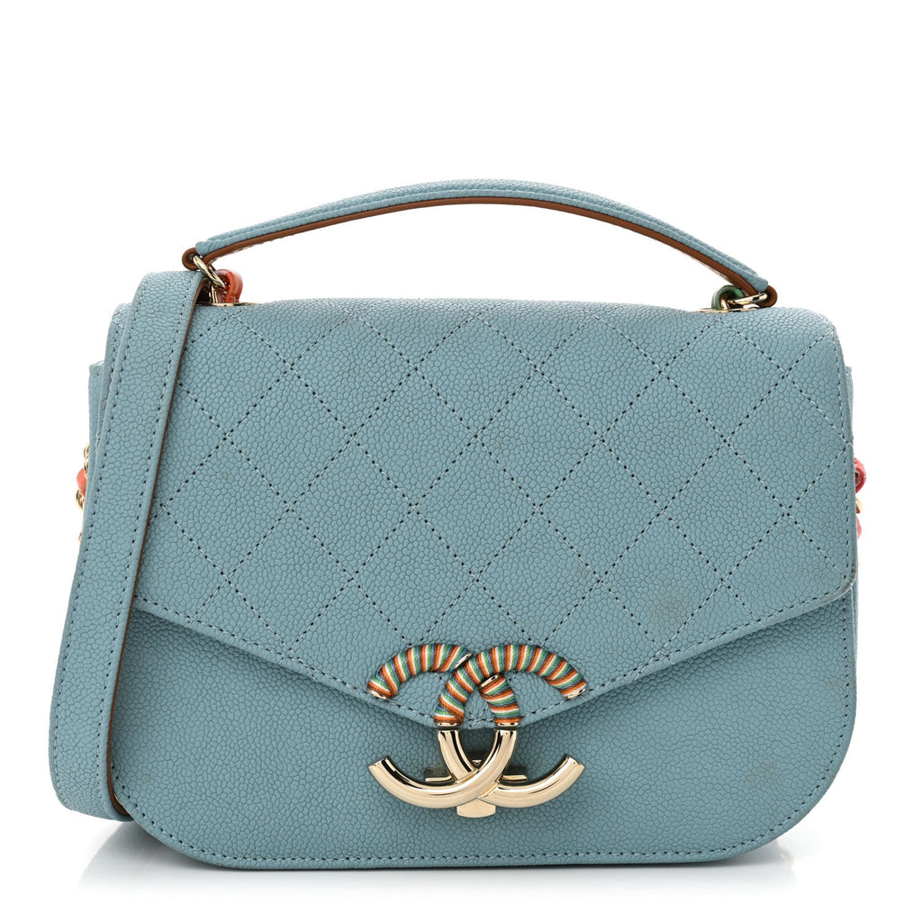 Grained Calfskin Quilted Small Cuba Top Handle Flap Blue