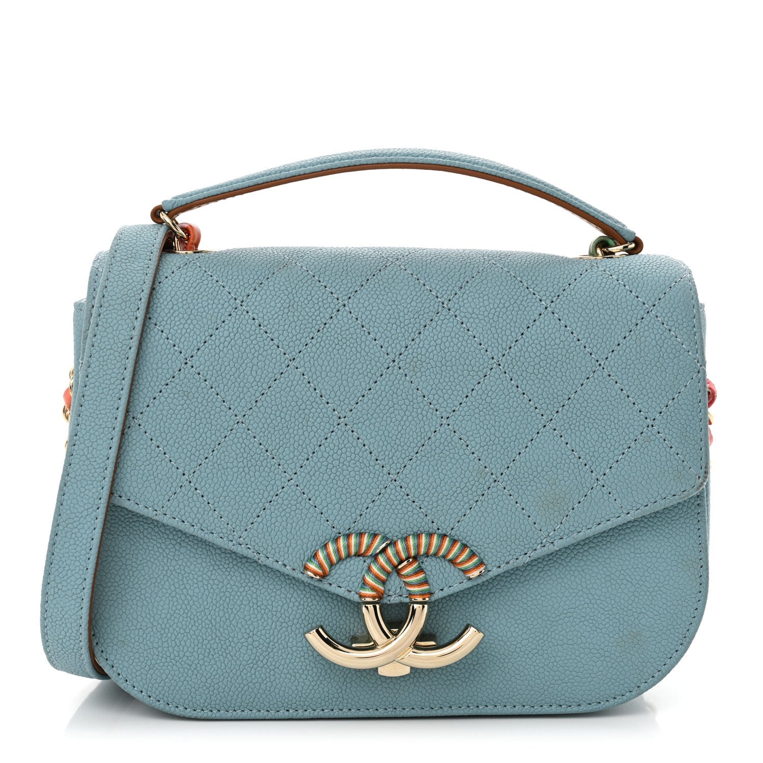 Grained Calfskin Quilted Small Cuba Top Handle Flap Blue