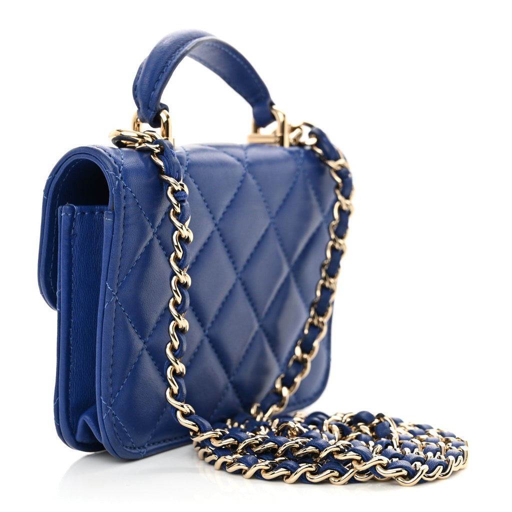 Lambskin Quilted Top Handle Flap Coin Purse With Chain Blue