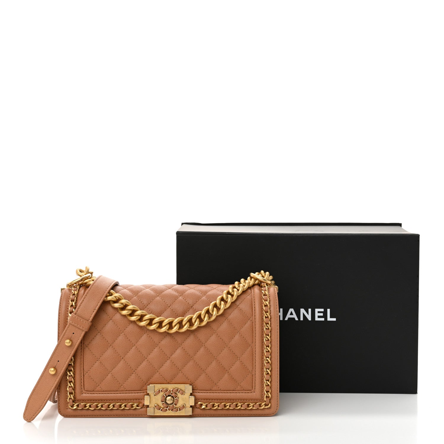 Caviar Quilted Chain Around Medium Boy Flap Beige