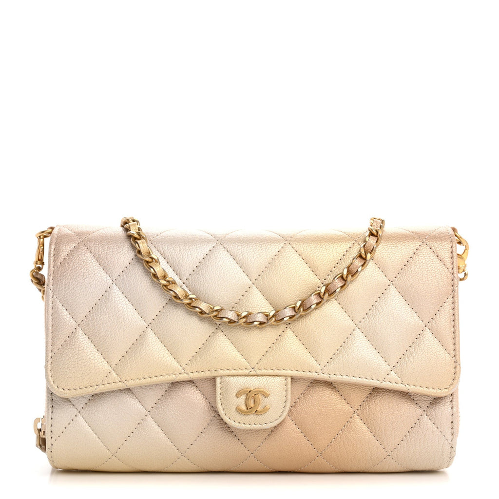 Metallic Goatskin Quilted Phone Holder Wallet on Removable Chain  Gold