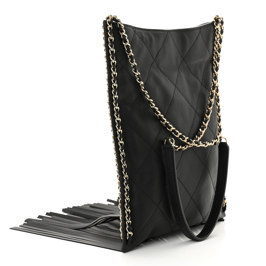Calfskin Quilted Fringe Small Shopping Bag Black