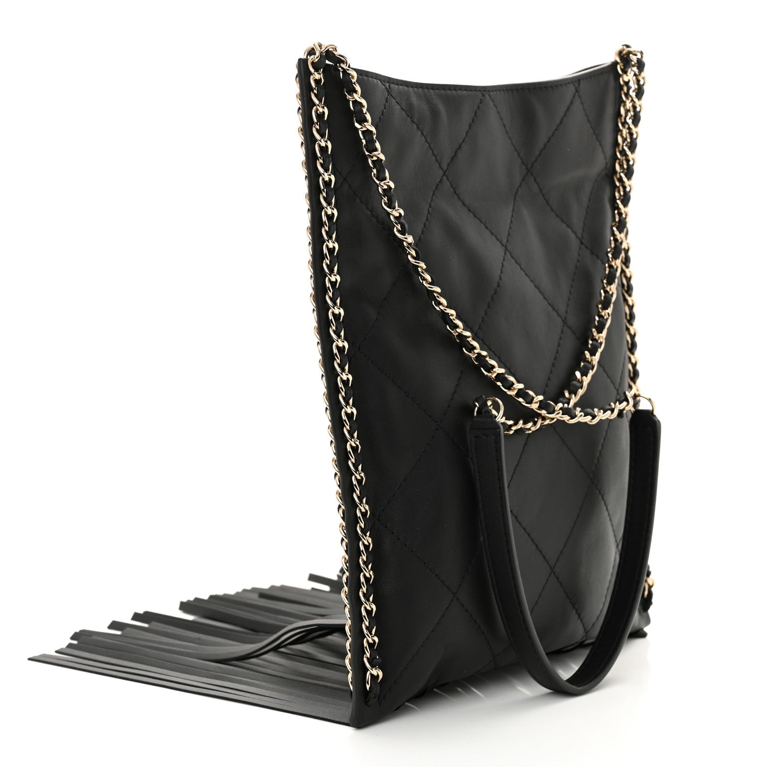 Calfskin Quilted Fringe Small Shopping Bag Black