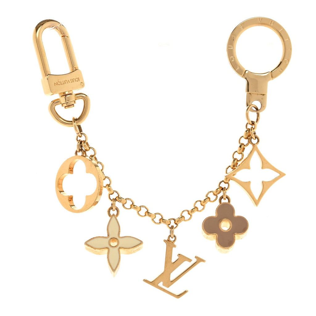 Brass Enamel Fleur De Monogram Bag Charm Chain Gold