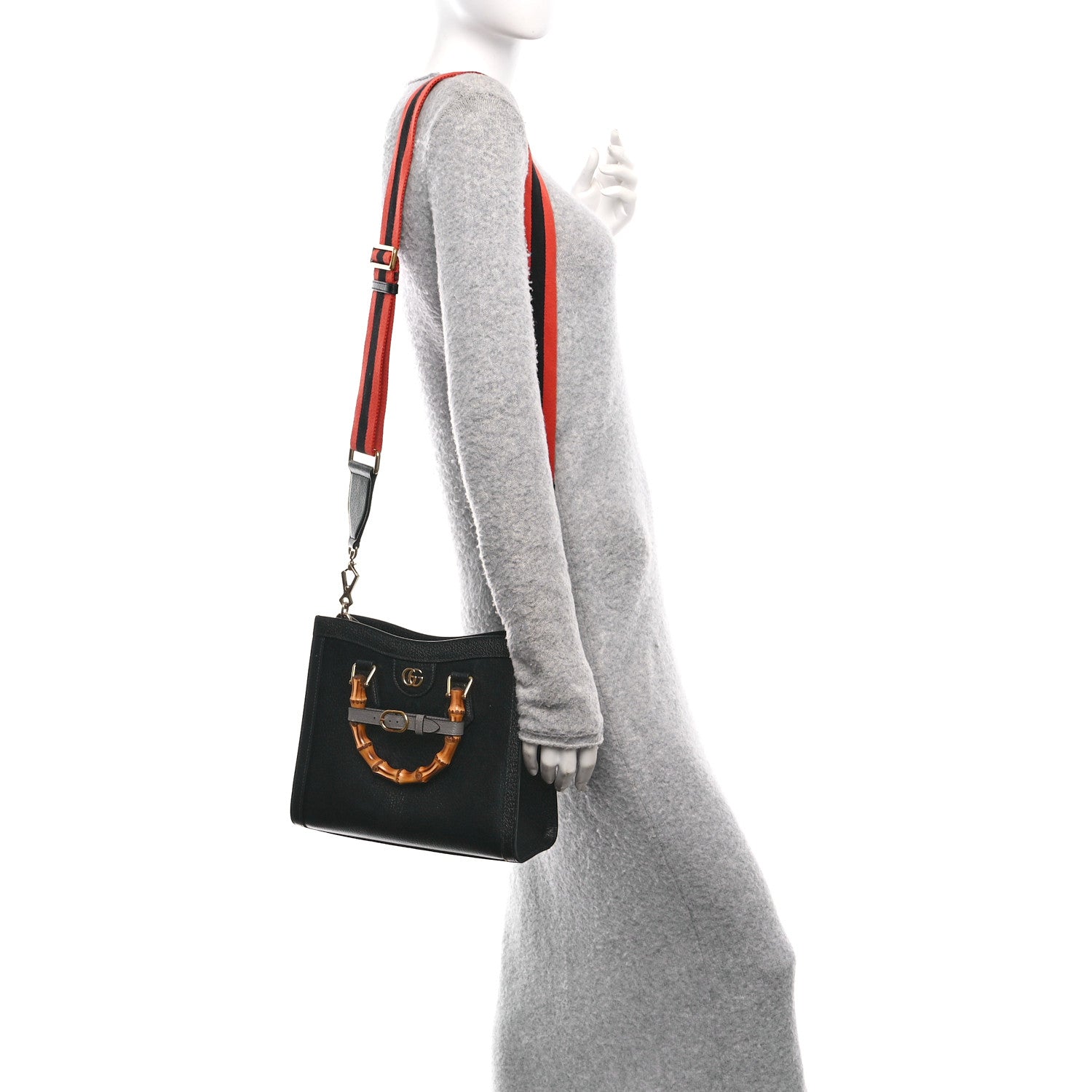 Textured Dollar Calfskin Web Small Diana Tote Bag Black Dusty Grey