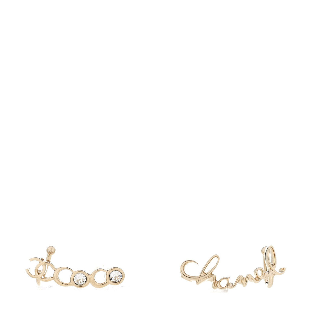 Metal Crystal Coco Script CC Climber Earrings Gold