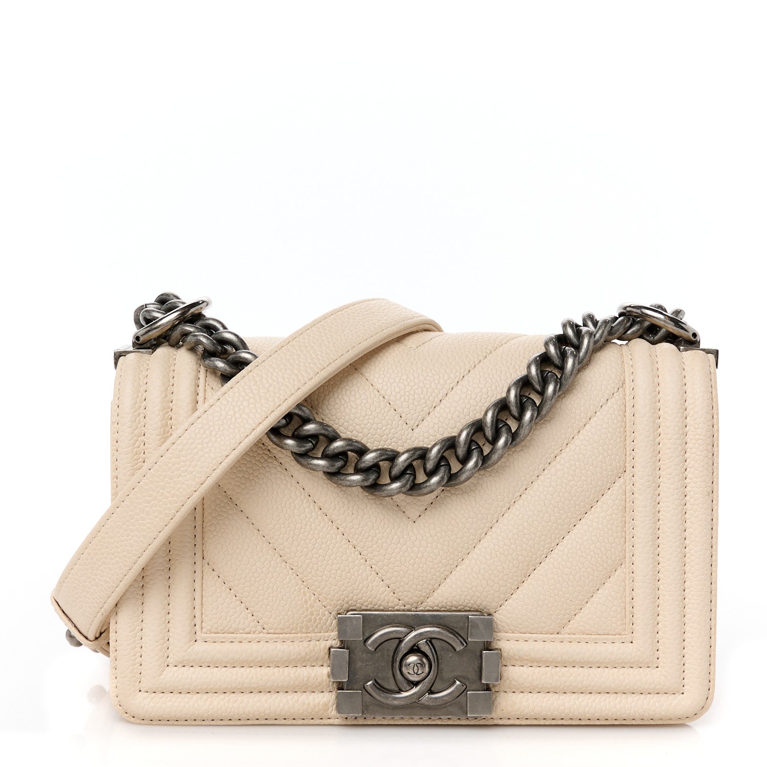 Caviar Chevron Quilted Small Boy Flap Light Beige