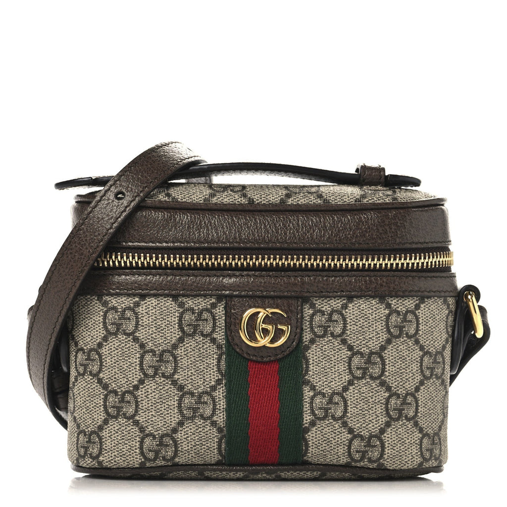 GG Supreme Monogram Textured Calfskin Web Mini Ophidia Top Handle Bag Beige Ebony New Acero