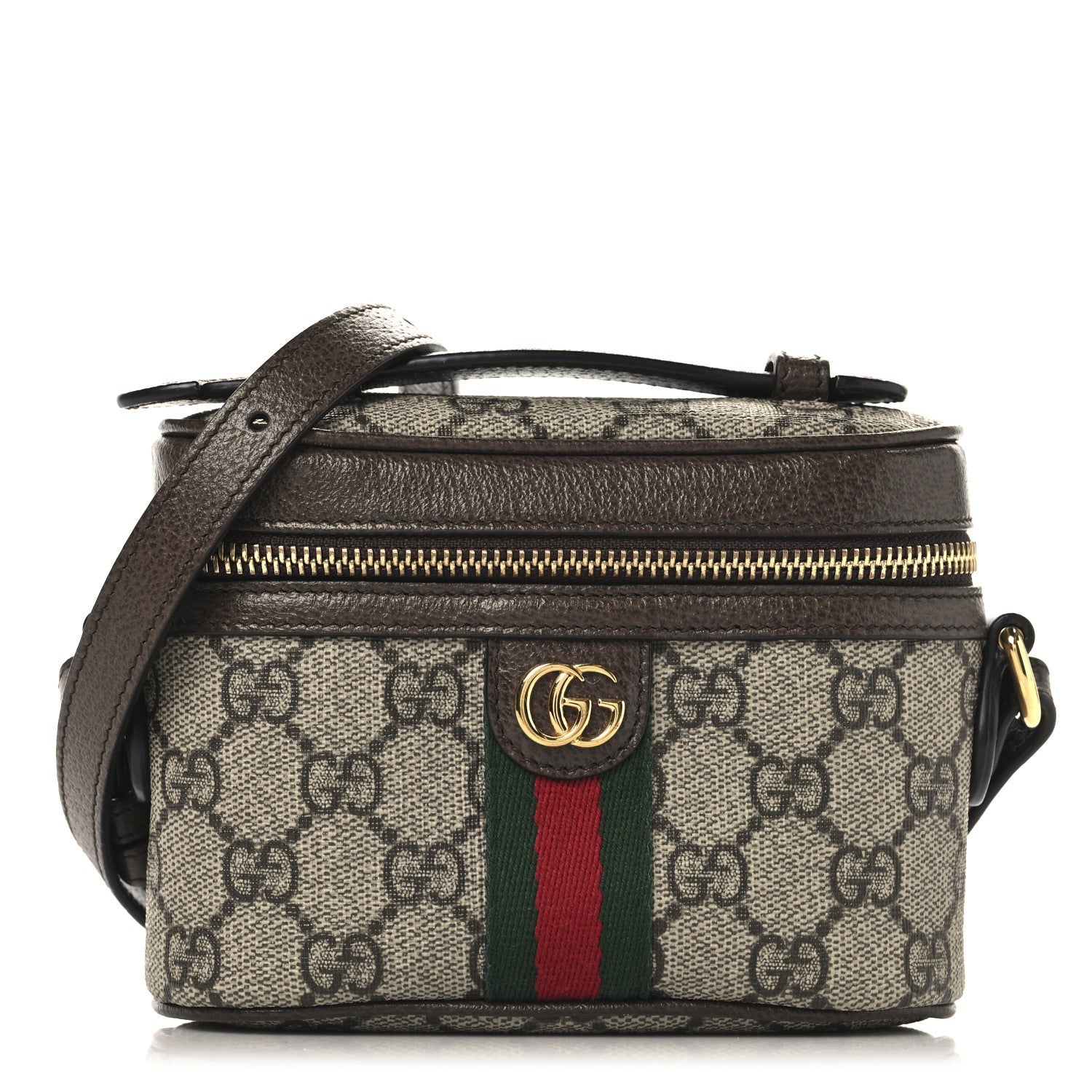 GG Supreme Monogram Textured Calfskin Web Mini Ophidia Top Handle Bag Beige Ebony New Acero