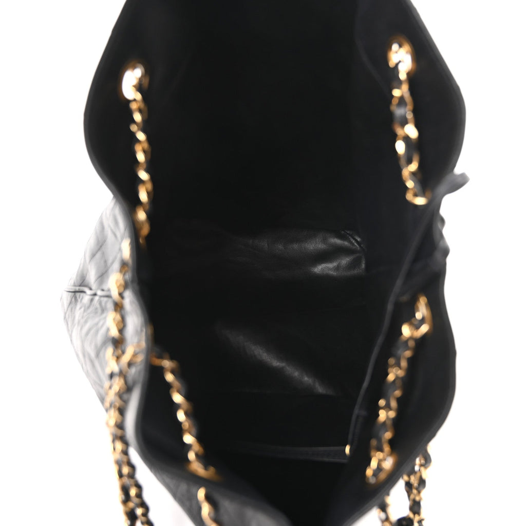 Lambskin Quilted Drawstring Bucket Bag Black