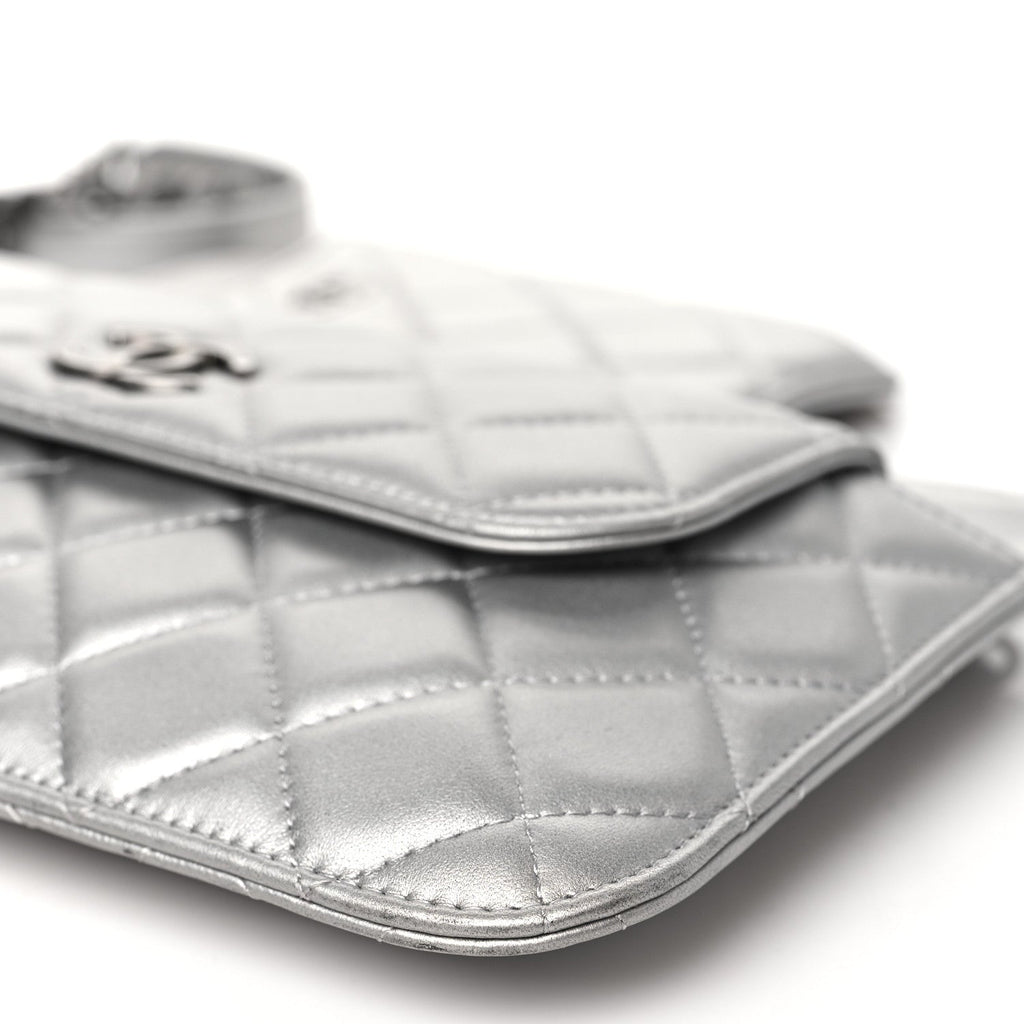 Metallic Lambskin Quilted Clutch With Chain Silver
