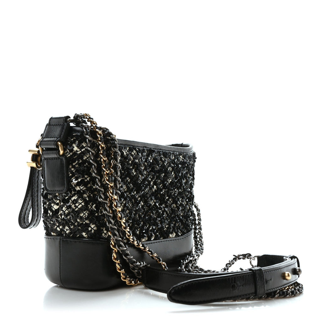 Tweed Sequin Calfskin Small Gabrielle Hobo Beige Black