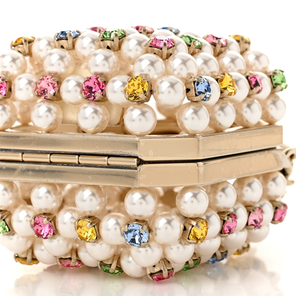 Metal Pearl Minaudiere CC Mini Evening Bag White Gold Multicolor