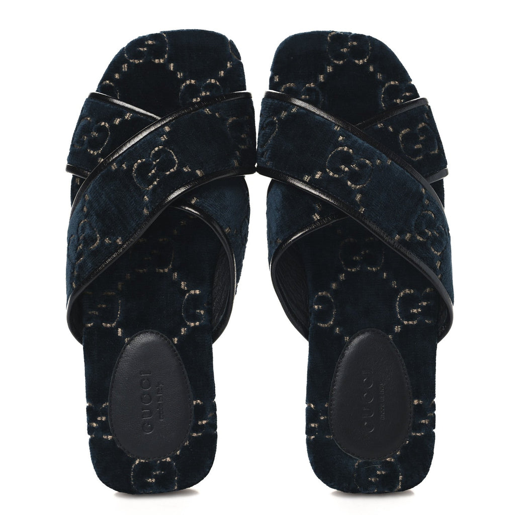Velvet GG Monogram Womens Criss Cross Slide Sandals 36 Blue Beige Black