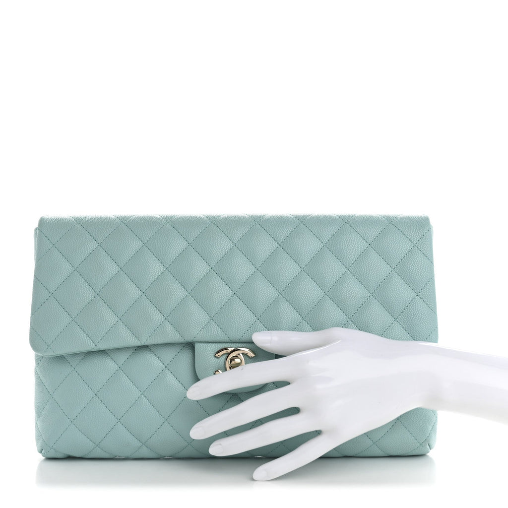 Caviar Quilted Flap Clutch Light Blue