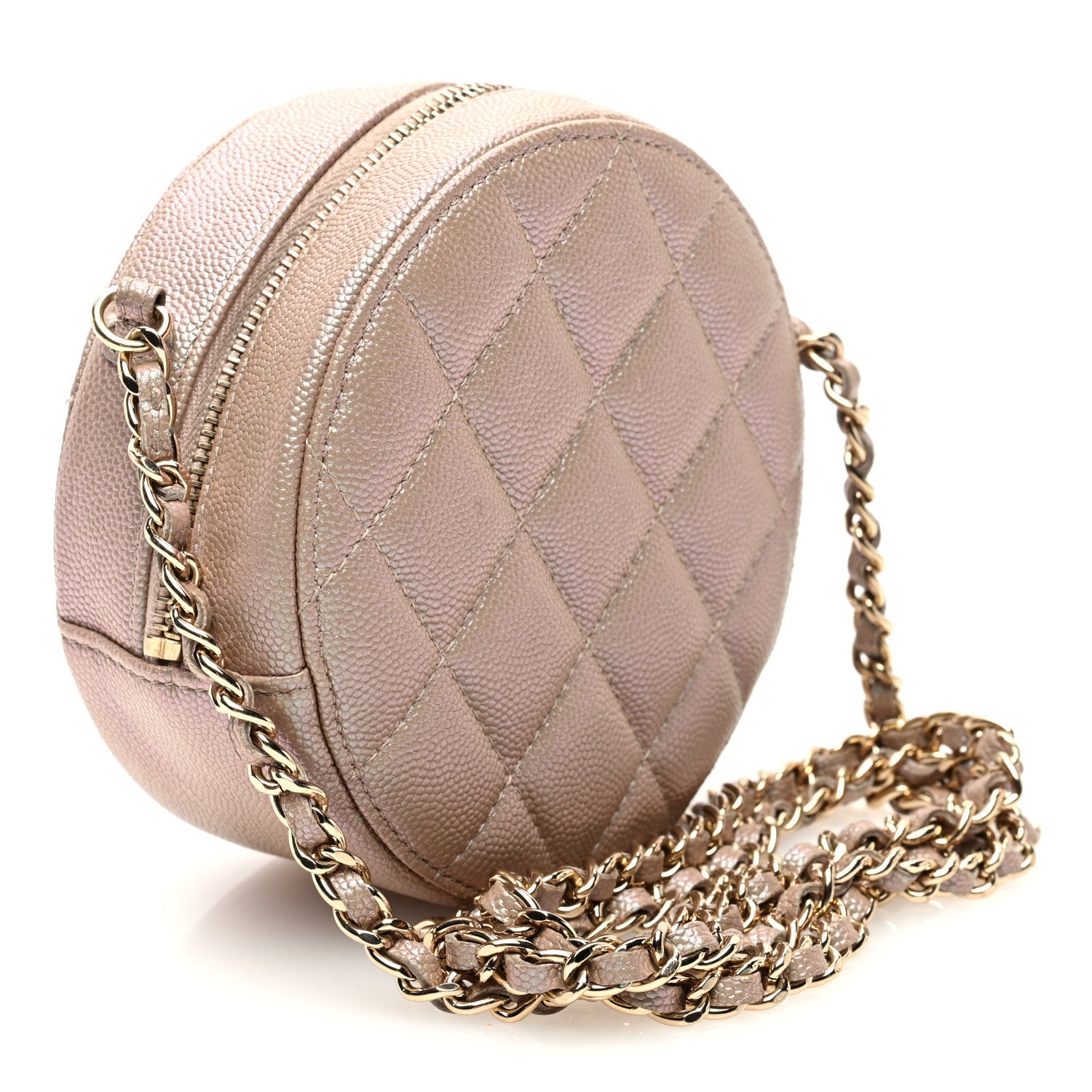 Iridescent Caviar Resin Quilted Round Clutch With Chain Beige
