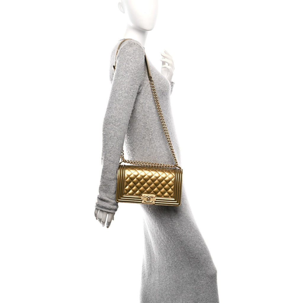 Metallic Patent Calfskin Quilted Medium Boy Flap Gold