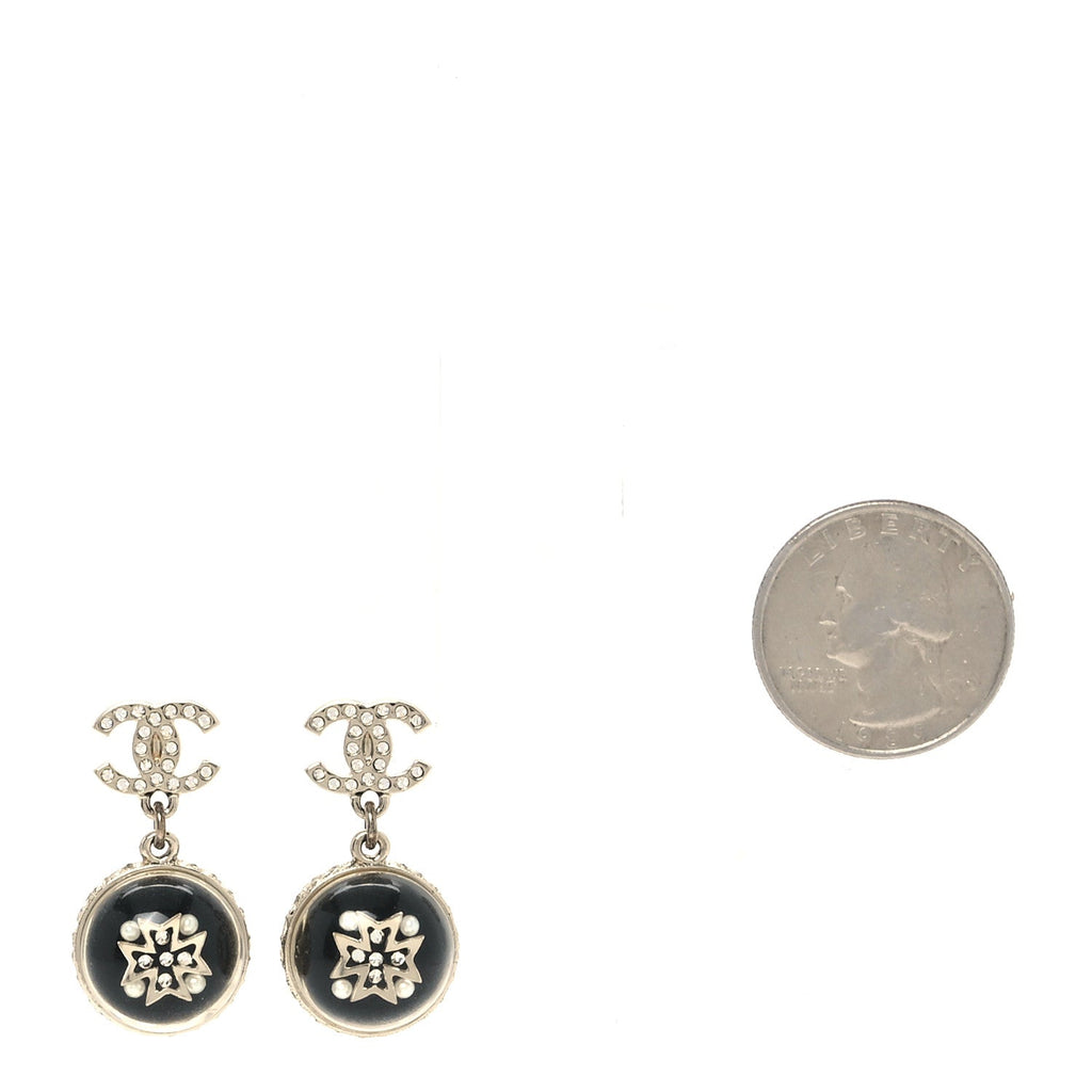 Resin Crystal Pearl CC Ball Drop Earrings Black Gold