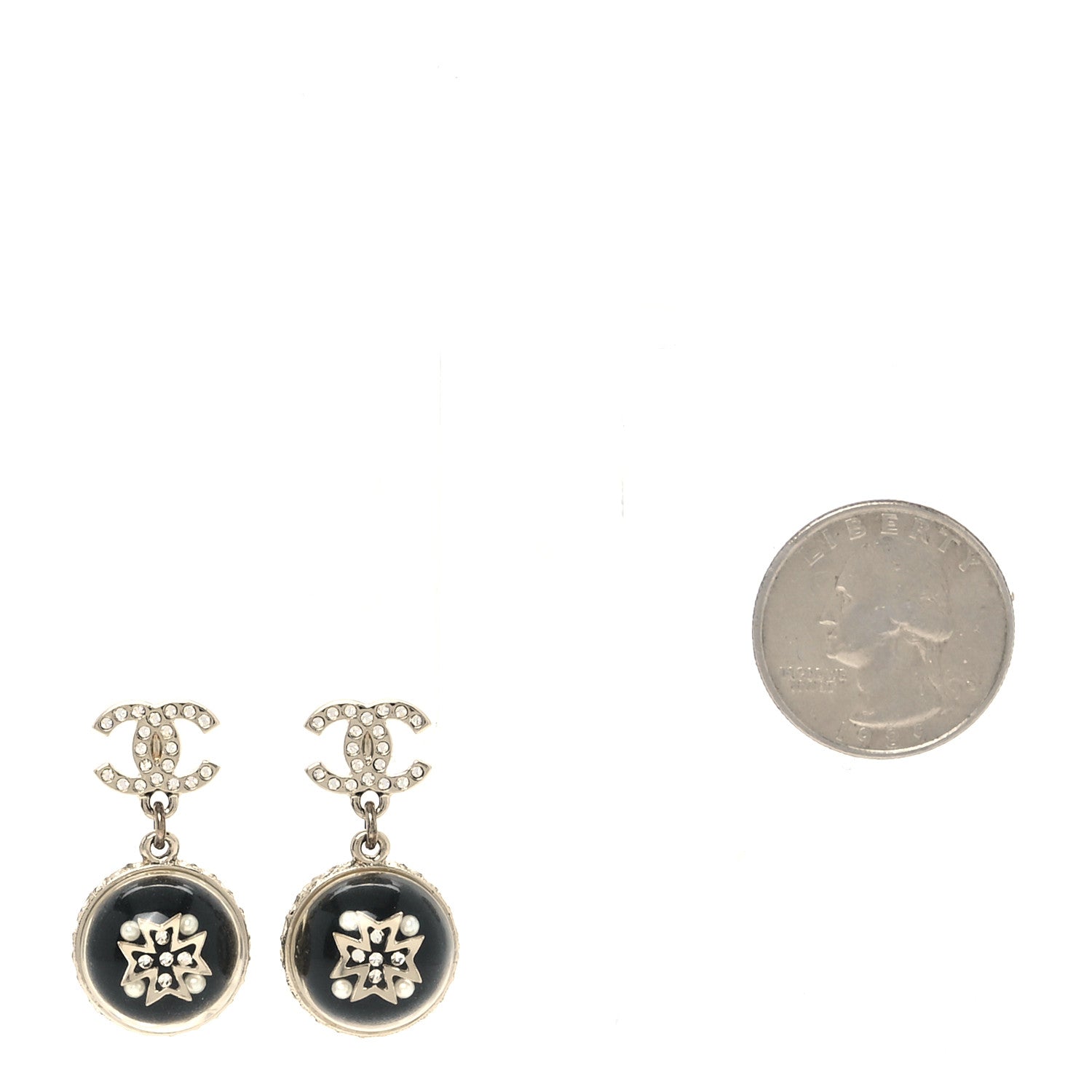 Resin Crystal Pearl CC Ball Drop Earrings Black Gold