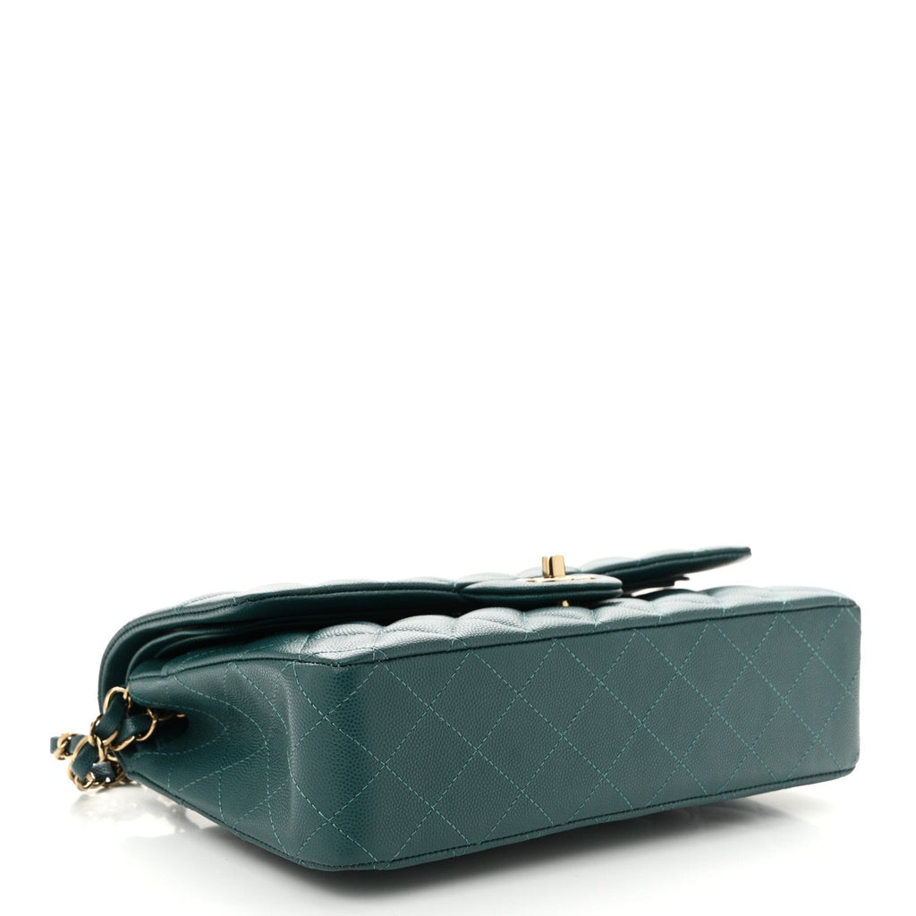 Caviar Quilted Medium Double Flap Dark Green