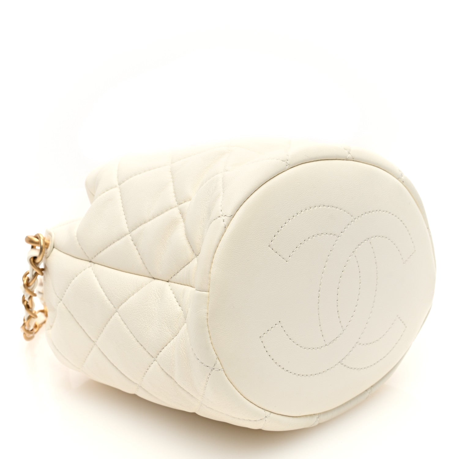 Lambskin Quilted Pearl Crown Drawstring Bag White