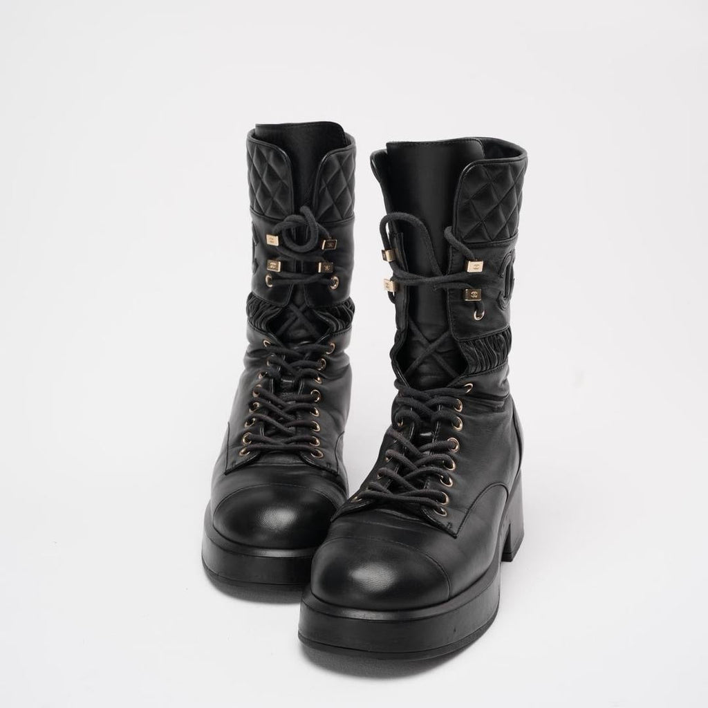 Chanel Black Lace Up Combat Boots Lambskin 39