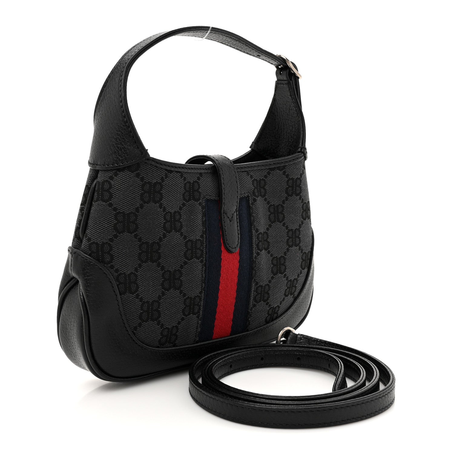 X BALENCIAGA BB Monogram Calfskin Web Mini Jackie 1961 Hobo Black