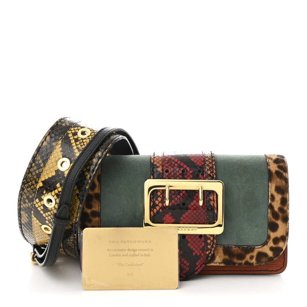 Calfskin Suede Watersnake Print Pony Hair Small Madison Buckle Bag Tan Multicolor