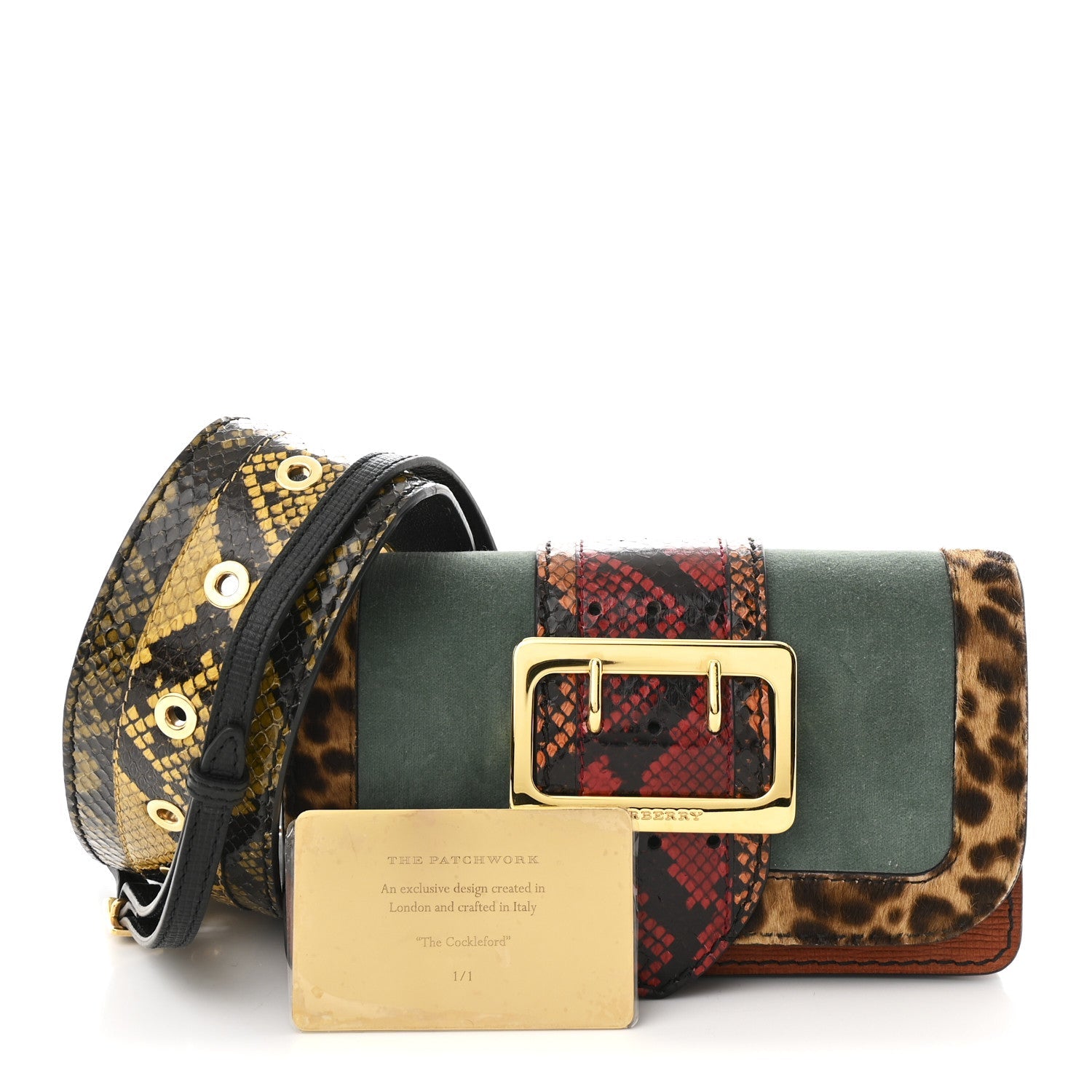 Calfskin Suede Watersnake Print Pony Hair Small Madison Buckle Bag Tan Multicolor