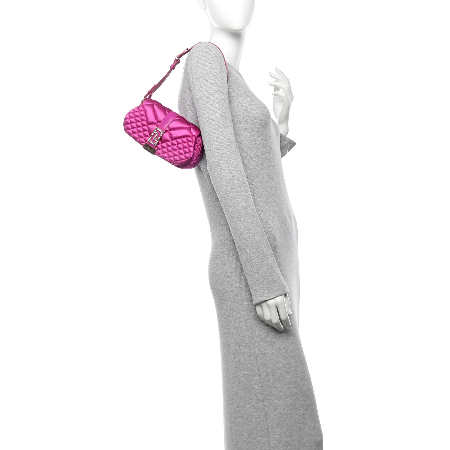 Satin Crystal Quilted Mini Greca Goddess Shoulder Bag Pink