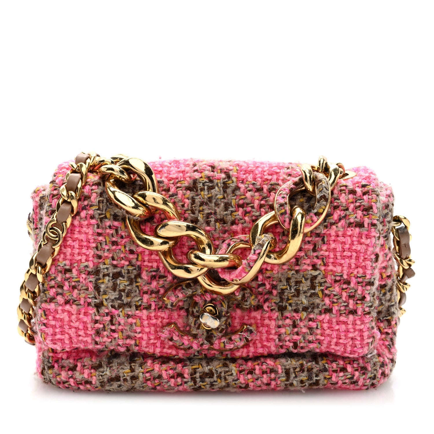 Wool Tweed Quilted Small Elegant Chain Flap Pink Brown