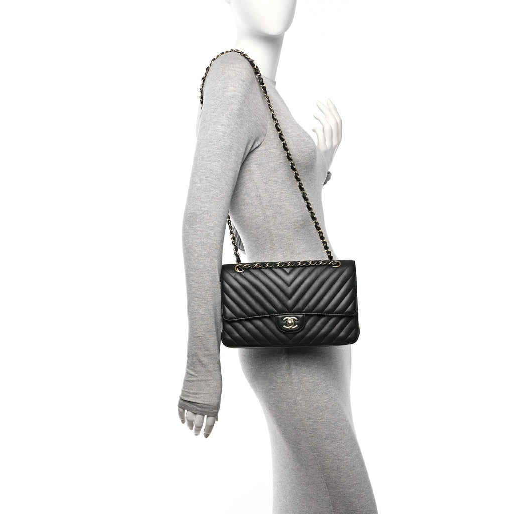 Lambskin Chevron Quilted Medium Double Flap Black