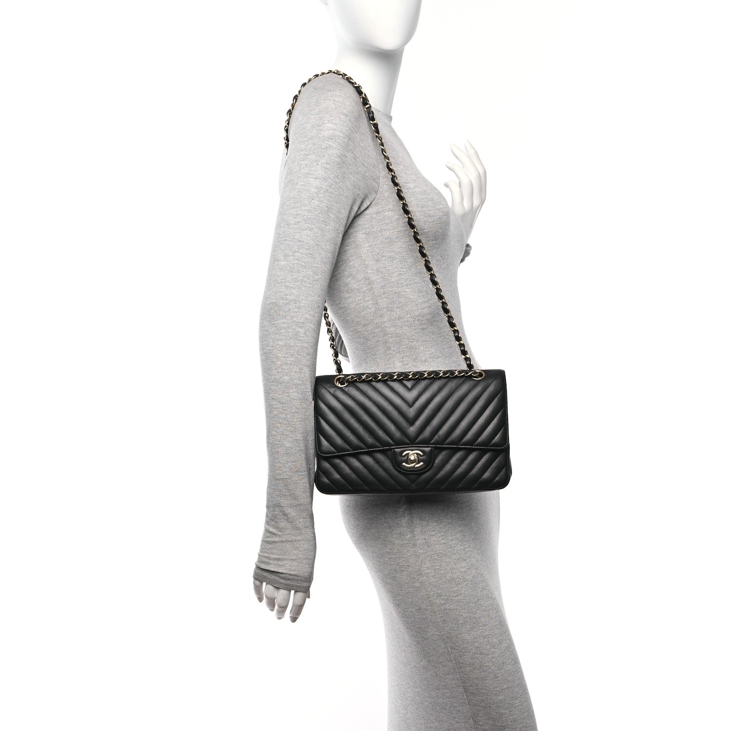 Lambskin Chevron Quilted Medium Double Flap Black
