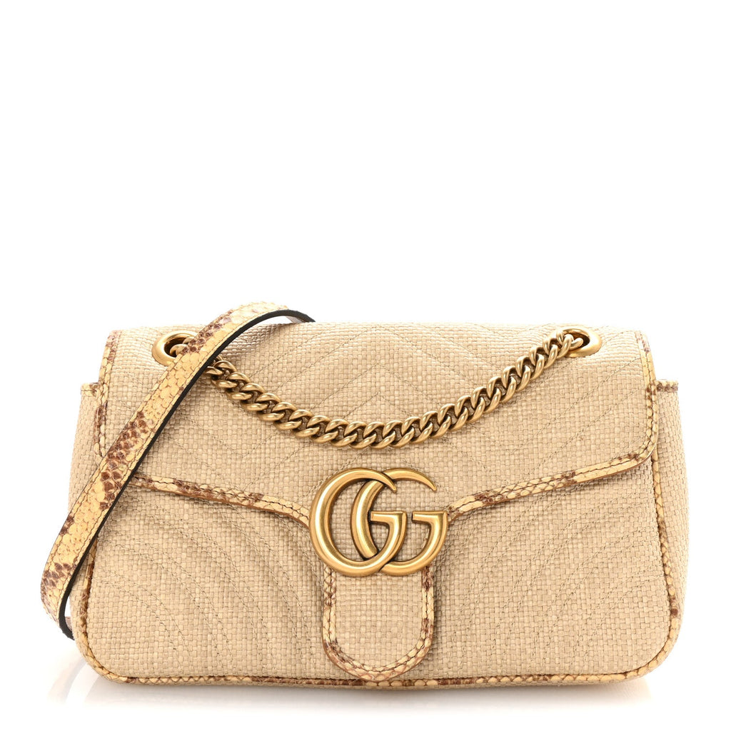 Raffia Elaphe Matelasse Small GG Marmont Shoulder Bag Natural Cream Brown