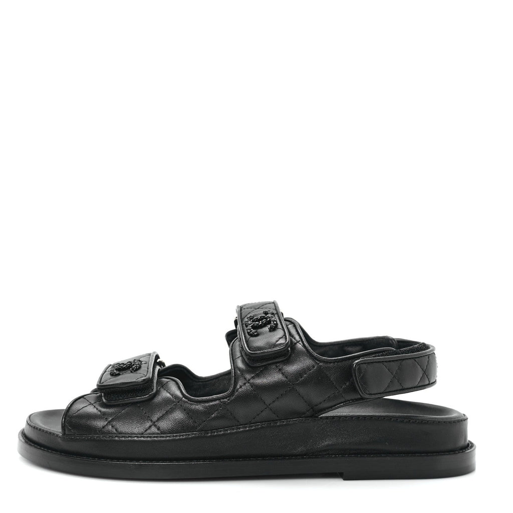 Lambskin Quilted Velcro Dad Sandals 37.5 So Black