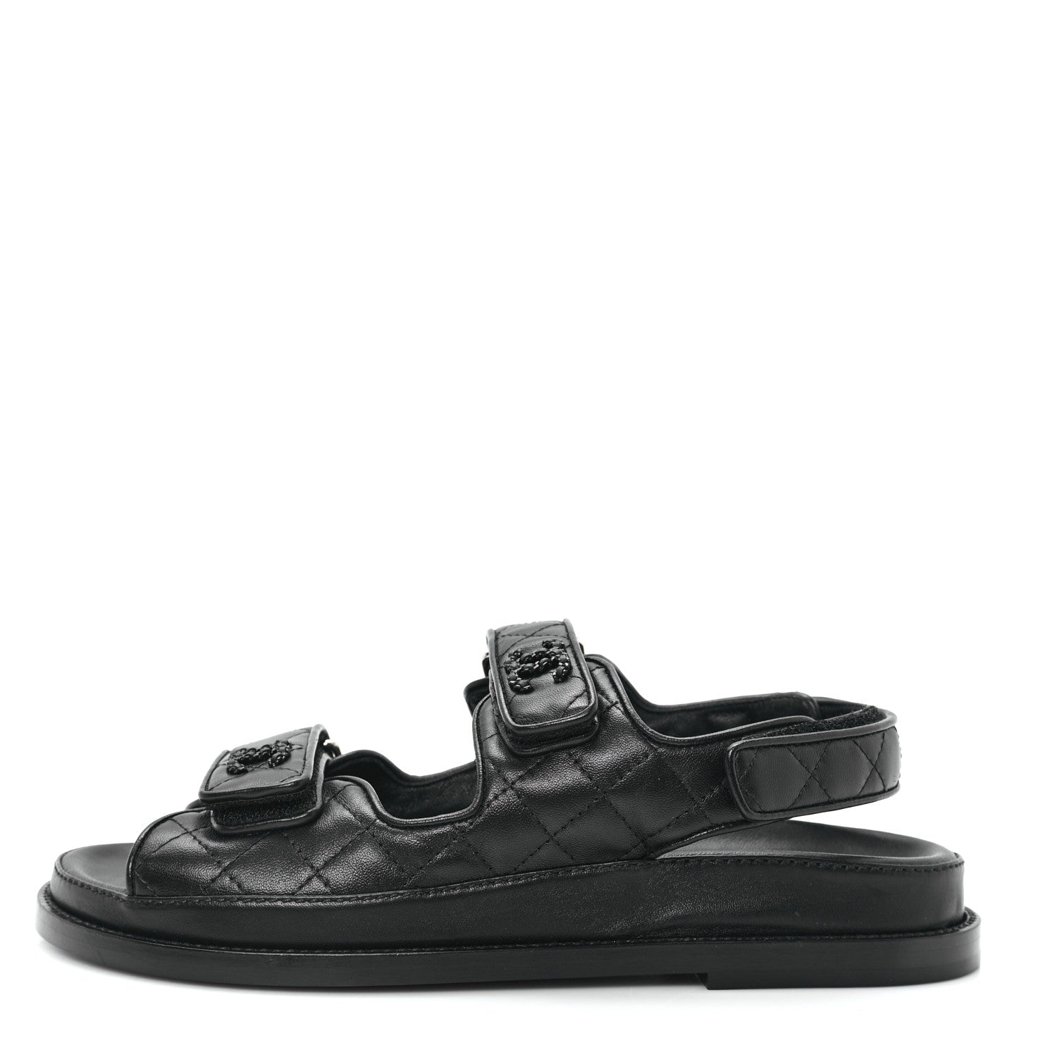 Lambskin Quilted Velcro Dad Sandals 37.5 So Black
