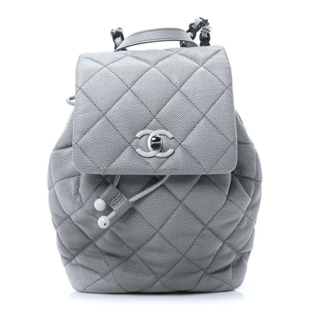 Shaded Caviar Quilted Lacquered CC My Everything Drawstring Backpack Dark Grey Light Grey