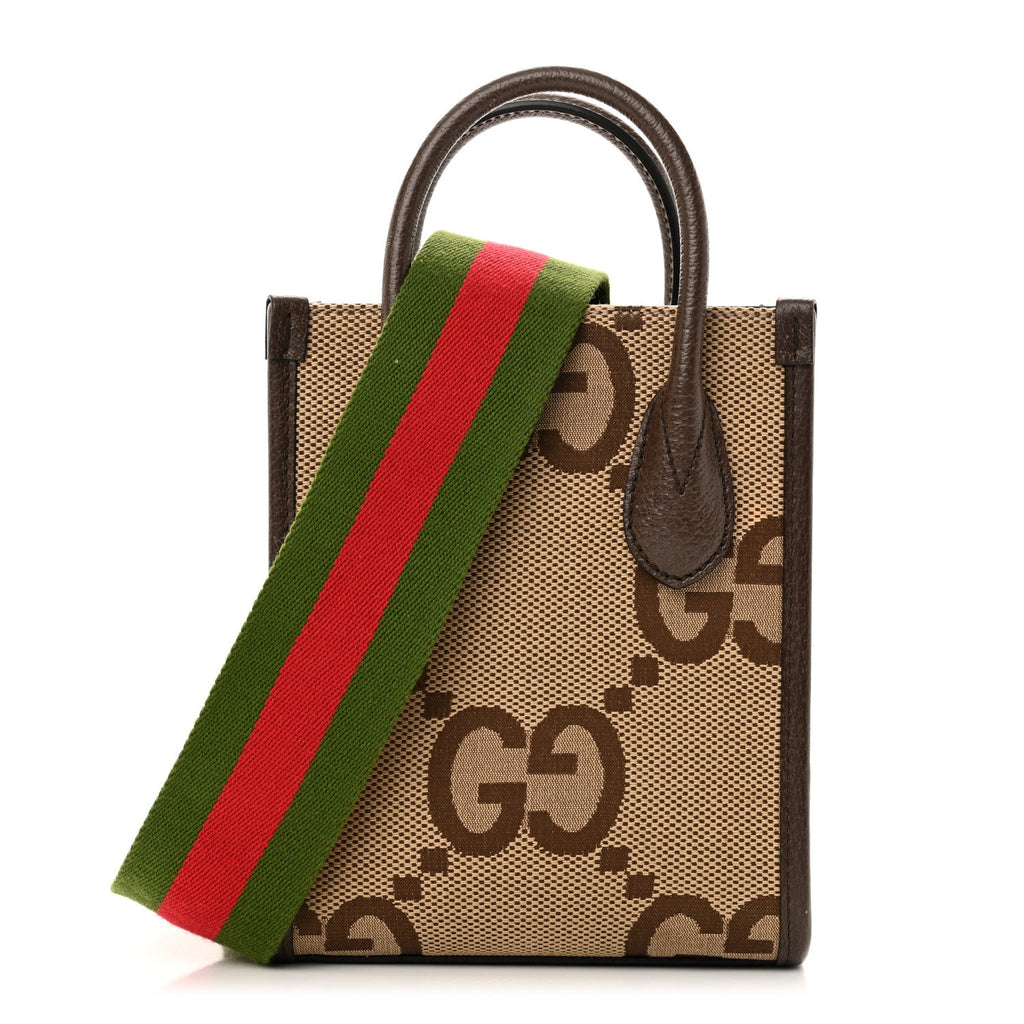 Monogram Jumbo GG Textured Dollar Calfskin Web Mini Vertical Tote Camel Ebony New Acero