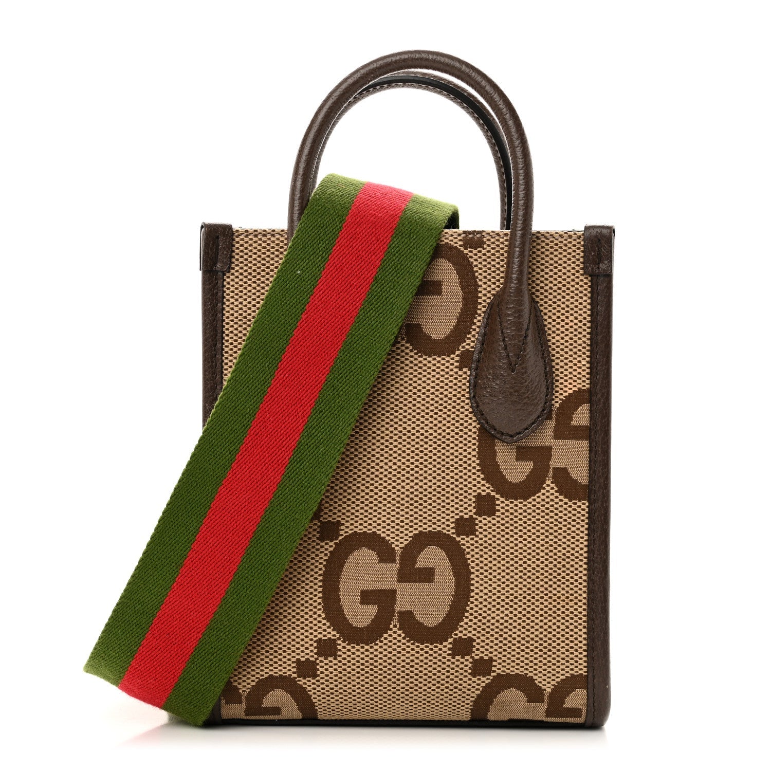 Monogram Jumbo GG Textured Dollar Calfskin Web Mini Vertical Tote Camel Ebony New Acero