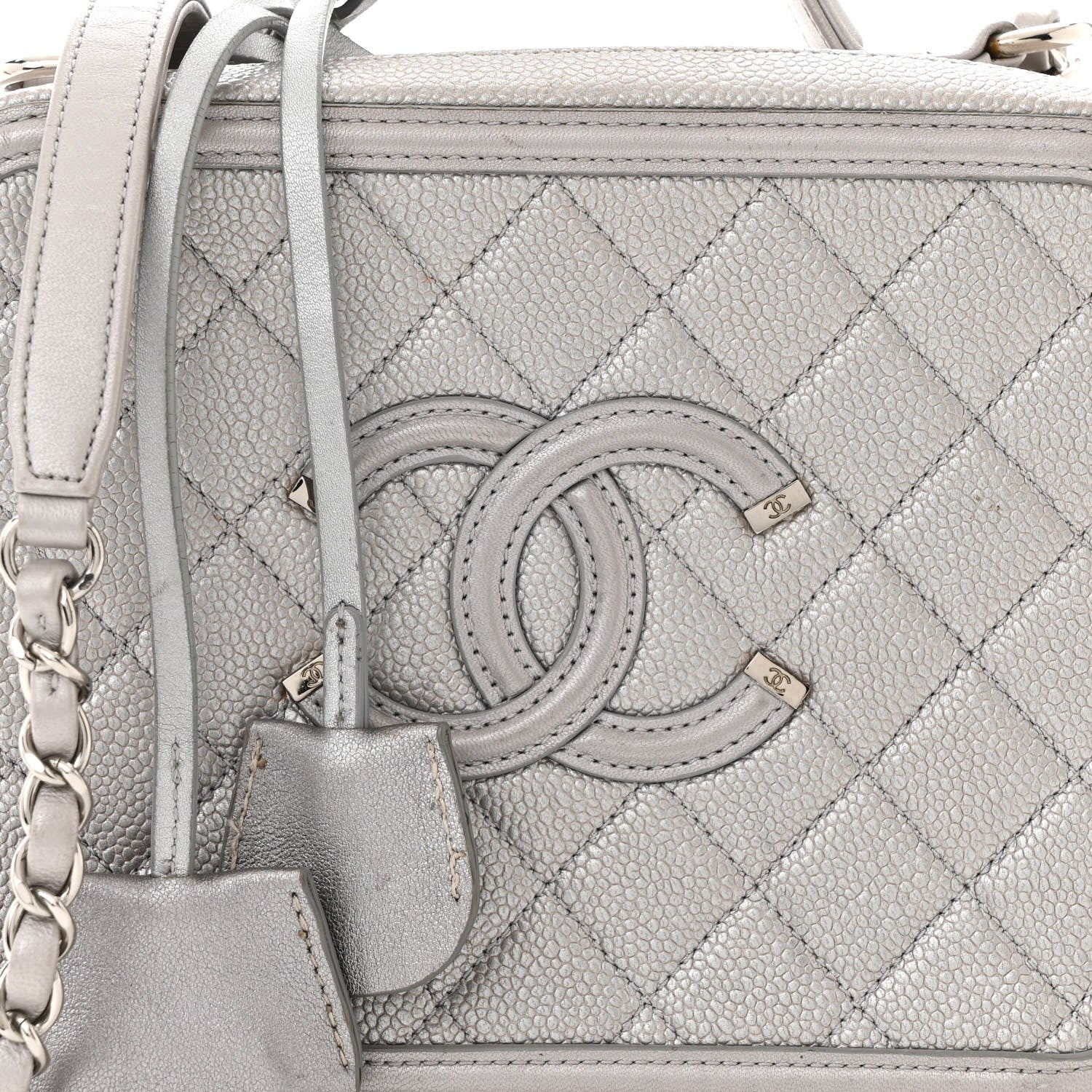 Metallic Caviar Quilted Medium CC Filigree Vanity Case Silver