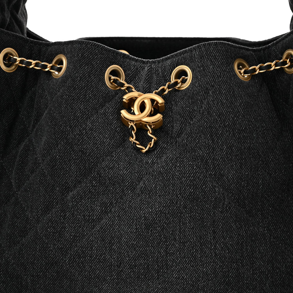 Washed Denim Quilted Small Chanel 25 Handbag Black