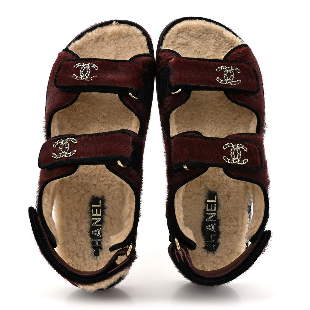 Calf Hair Suede Shearling Dad Sandals 38 Burgundy Black
