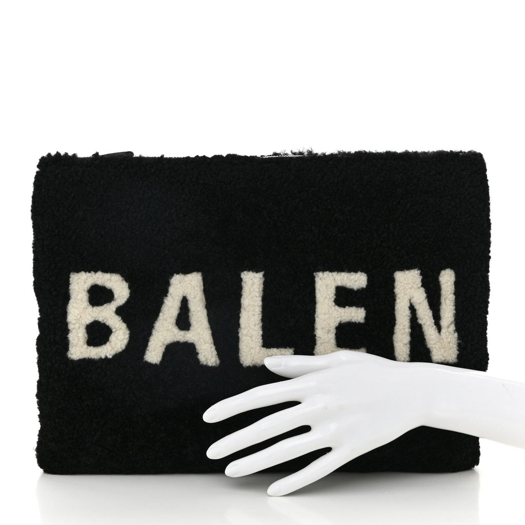 Sheepskin Shearling Contrasted Logo Large Zip Pouch Black